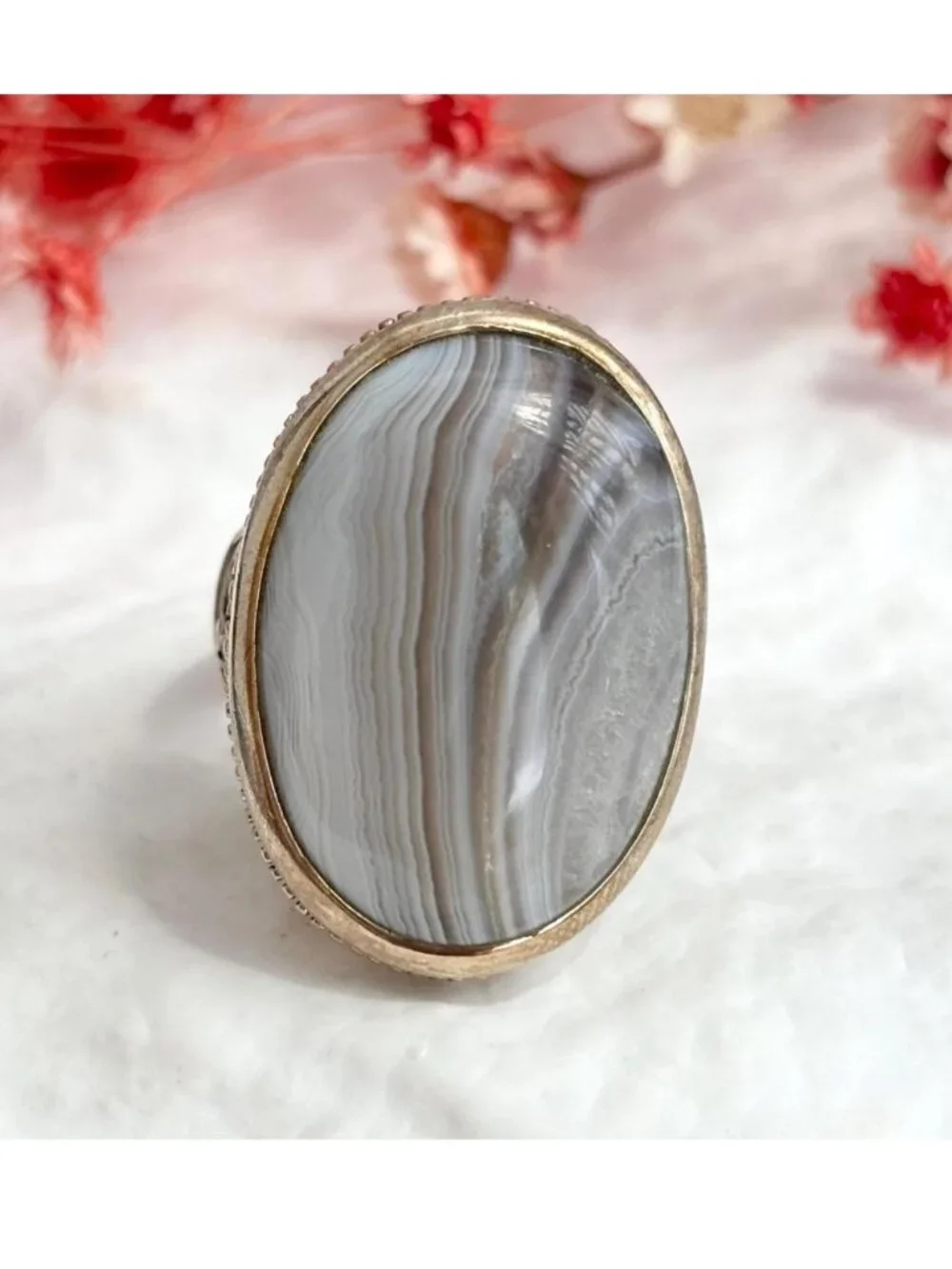 Grey Banded Agate Polished Cabochon Sterling Silver 925 Vintage Ring - sz 8
